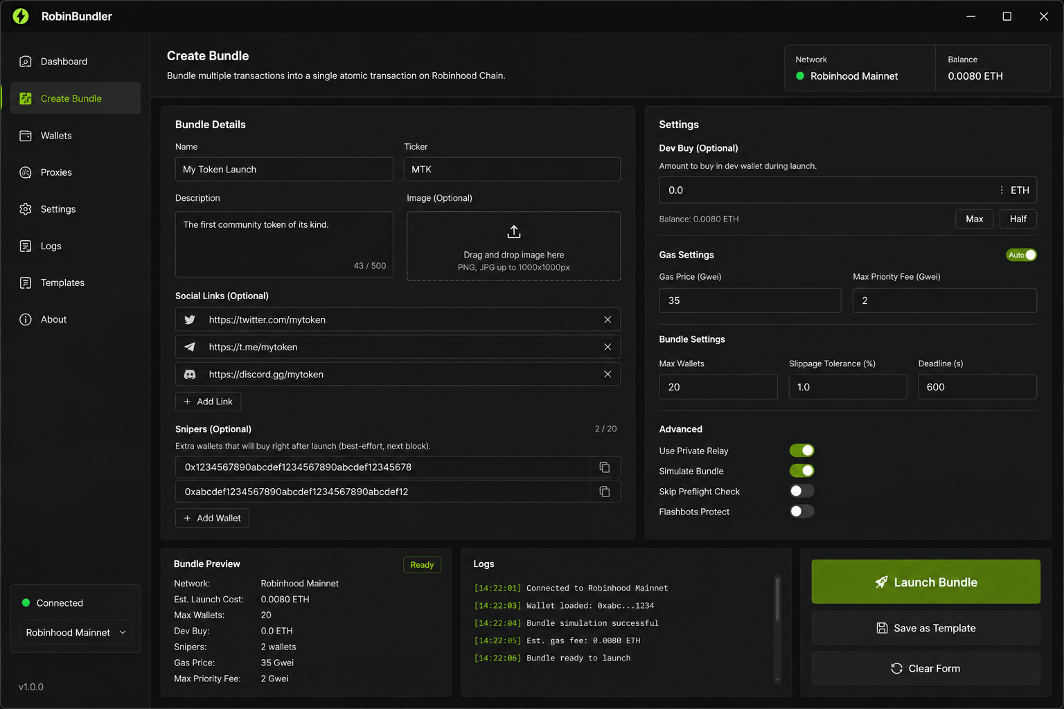RobinBundler Robinhood bundler bot showing token creation, owner token distribution wallets, gas settings, simulation and launch logs